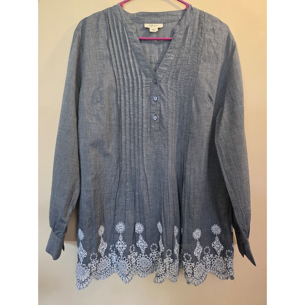Style & Co Womens Blue Chambray Eyelet Embroidered Pintuck Tunic Blouse Size M